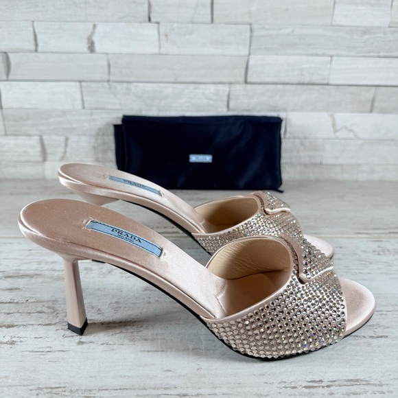 PRADA Modellerie 75MM Crystal Embellished Satin Mules Heels Sandals SZ 38 Blush - Picture 5 of 16